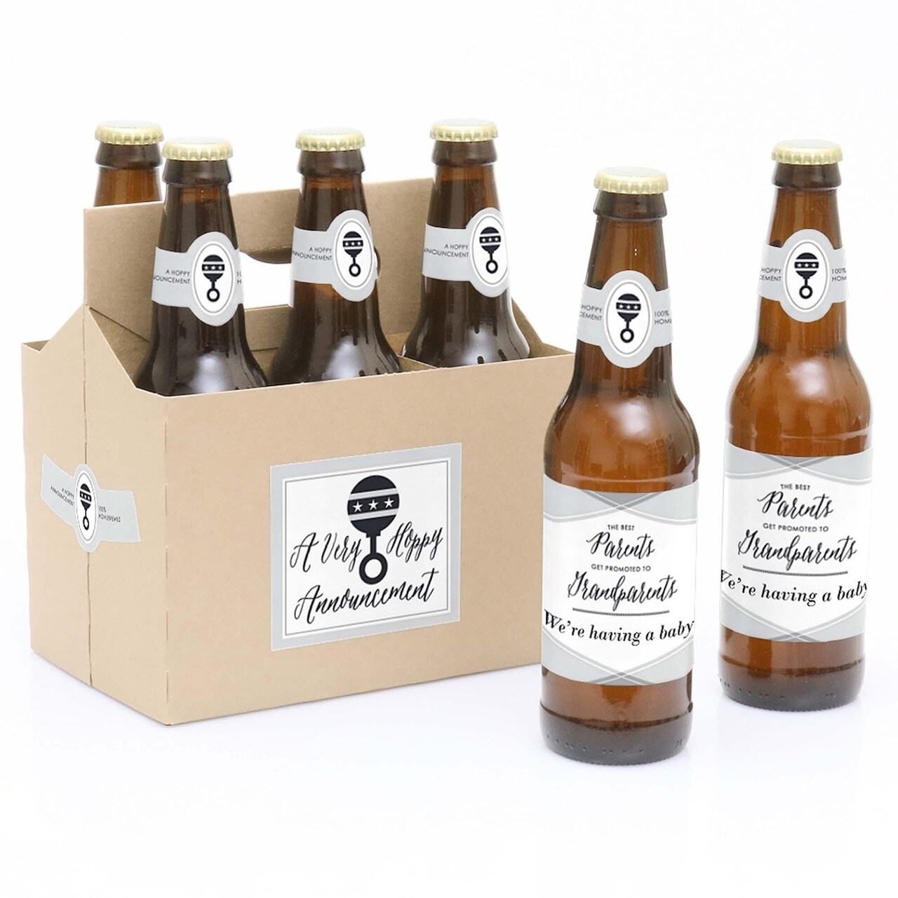 Big Dot of Happiness Parents to Grandparents - Pregnancy Announcement Decorations for Women and Men - 6 Beer Bottle Label Stickers and 1 Carrier